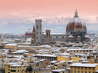 Beautiful winter cityscape of Florence with Cathedral of Santa Maria del Fiore on the background, as seen from Piazzale Michelangelo. Italy.