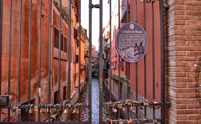 Bologna, Emilia Romagna, Italy. December 2018. A hidden part of the city reminiscent of Venice! The Rhine canal runs between the houses giving a very similar image. All tourists stop to admire it.