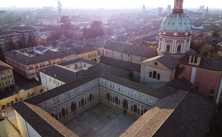 Reggio Emilia / Italy - 03/10/2020: Aerial view of Benedictine Cloisters of San Pietro in Reggio Emilia