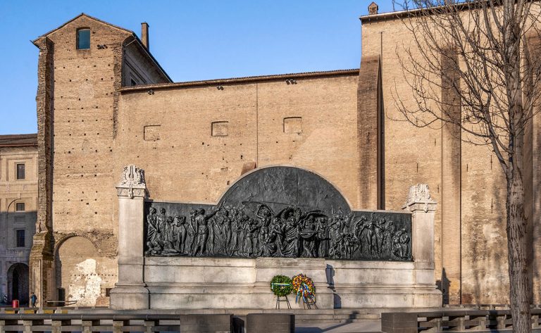 Parma, Italy - January 29, 2020: monument to Italian composer Giuseppe Verdi, a huge granite and bronze memorial located near the Pilotta palace, in Parma city center, Emilia Romagna region, Italy.