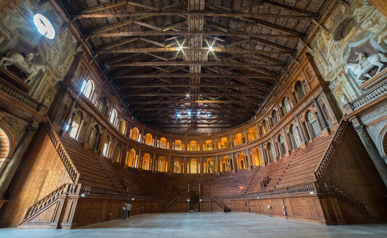 PARMA, ITALY - 02 MAY 2013: panoramic view of the historic Farnese theatre located in Palazzo della Pilotta in Parma, Emilia-Romagna, Italy. The theatre is made of wood and was built in 1618.