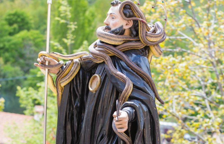 Cocullo, 1 May 2019. The statue of San Domenico with the snakes carried on a procession. Cocullo, 1 May 2019.