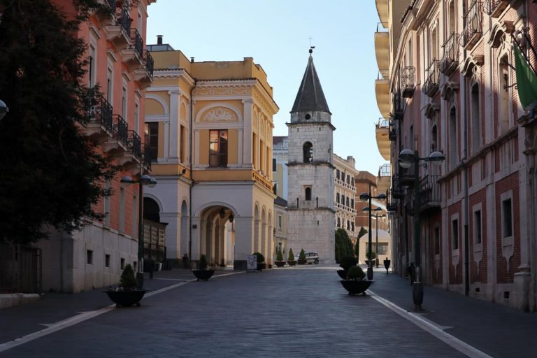 Benevento, Campania, Italy - May 4, 2020: Streets of the deserted city early in the morning during the coronavirus emergency