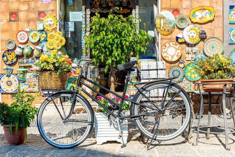Vietri sul Mare, Italy. July 8th, 2020. Vietri Artistic Ceramics. Typical Vietri ceramic shop with decorated bicycle to attract customers and tourists.