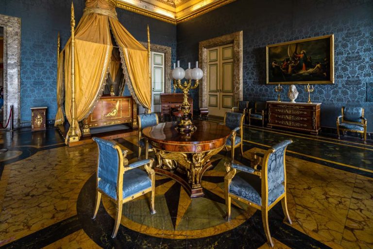 The luxury bedroom of King Francis II at the Royal Palace of Caserta. Caserta, Italy, October 2019