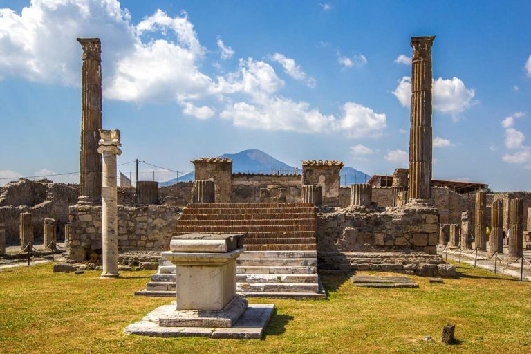 Panoramic view of the ancient city, the ruined ancient columns and the volcano Vesuvius, Pompeii (Scavi di Pompei), Naples, Italy.