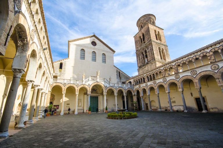 Salerno, Italy - 10.11.2019: In the courtyard of Salerno Cathedral, the Norman Dome of Saint Matthew