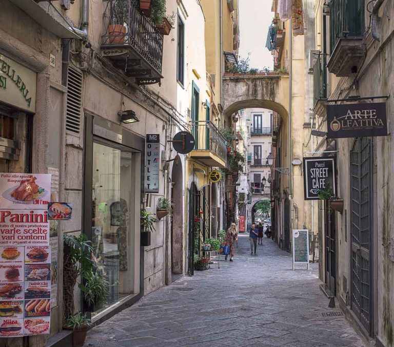 Salerno, Italy - june 8, 2019:Walking along Via dei Mercanti in Salerno
