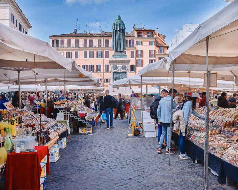 Italy, Rome, March 8/ 2018 traditional outdoor food market of Campo de Fiori (fields of flower)