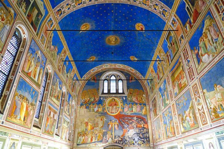 PADUA, ITALY -30 APR 2018- View of the landmark Scrovegni Chapel (Cappella degli Scrovegni, Arena Chapel), part of the Museo Civico of Padua, with a fresco cycle by Giotto completed about 1305.