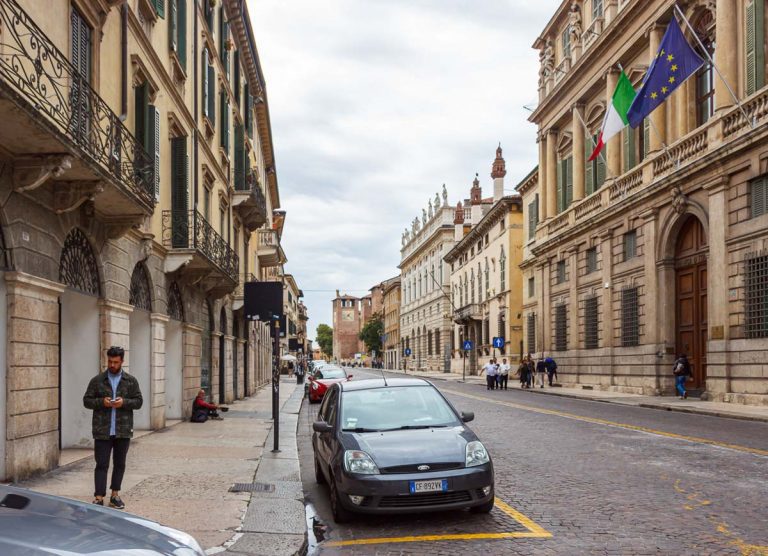 Verona, Italy, September 27, 2015 : The architecture of the old part of the city of Verona in Italy. The Corso Cavour street.