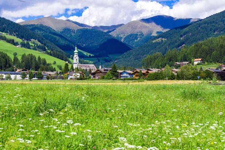 view of Toblach (Italian: Dobbiaco), little town located in the Puster Valley, Italy.