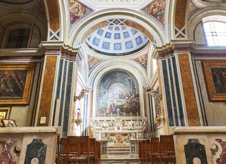 Brindisi, Italy - August 12, 2017. Altar of Papal Basilica Cathedral (Pontificia Basilica Cattedrale della Visitazione e San Giovanni Battista) of Brindisi, Apulia, Italy.