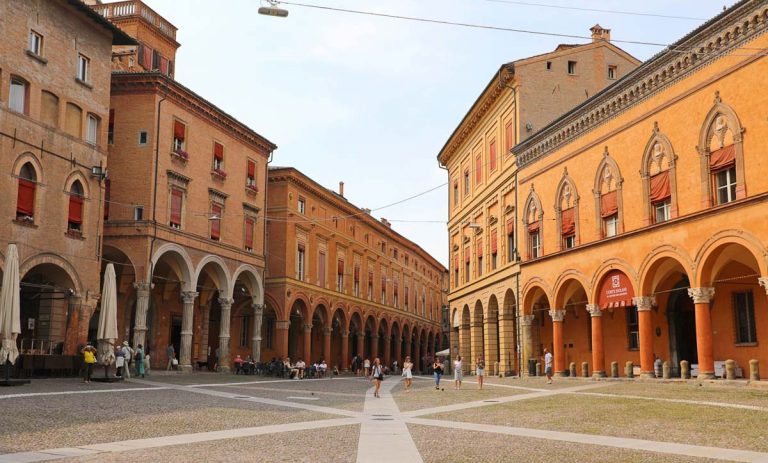 BOLOGNA, ITALY - JULY 22, 2019: Piazza Santo Stefano square, beautiful medieval city of Bologna, Italy