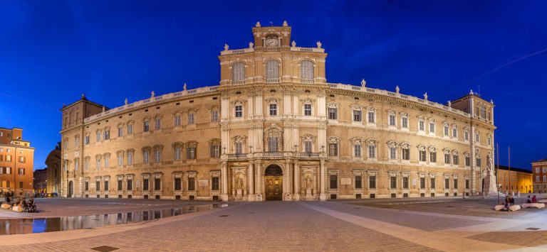 Panoramic view on Ducal palace on Piazza Roma in Modena in the evening, Emilia-Romagna, Italy