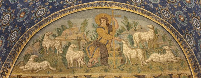 RAVENNA, ITALY - JANUARY 28, 2020: The mosaic of Jesus as the Good Shepherd  in the Mausoleo di Galla Placidia from the 5. cent.