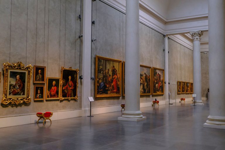 February 2020 Parma, Italy: National gallery, Galleria Nazionale in Palace, Palazzo Pilotta. White walls with paintings and columns