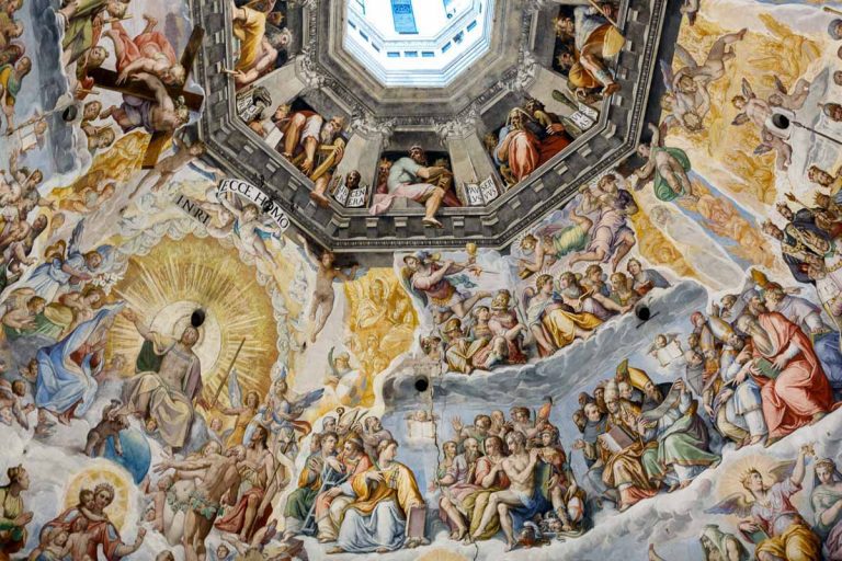 Florence, Italy, June 13, 2015: Interior of Il Duomo Cathedral, with magnificent art work on the ceiling, Florence, Italy