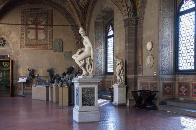 Florence, Italy - April 09, 2017: Interior of Bargello, also known as the Palazzo del Bargello, Museo Nazionale del Bargello, or Palazzo del Popolo, sculpture Giambologna Architecture