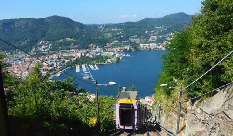 Funicular climbing from Lake Como, amazing view from Brunate, Como, Italy