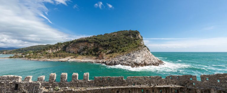 The Island of Palmaria (Isola di Palmaria) seen from Porto Venere or Portovenere (UNESCO world heritage site). Gulf of La Spezia, Liguria, Italy, Europe