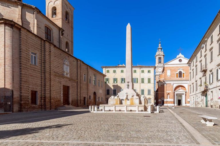 Beautiful view of square (Piazza Federico II) in Jesi town. Marche, Italy