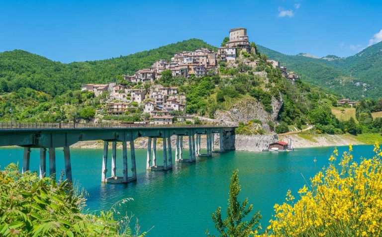 Panoramic sight in Castel di Tora with Lake Turano, beautiful village in the Province of Rieti. Lazio, Italy.
