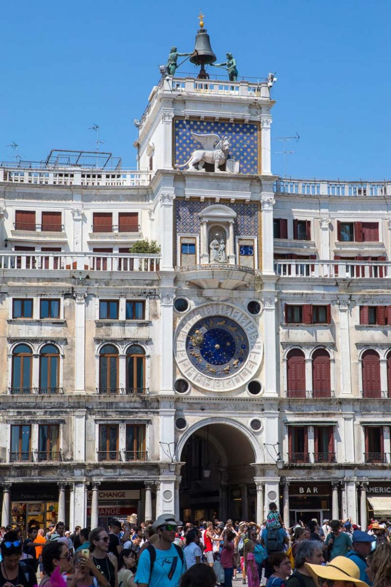 Venice, Italy - July 20th 2019: A view of the stunning St. Marks Clock Tower, located on Piazza San Marco in the historic city of Venice in Italy.