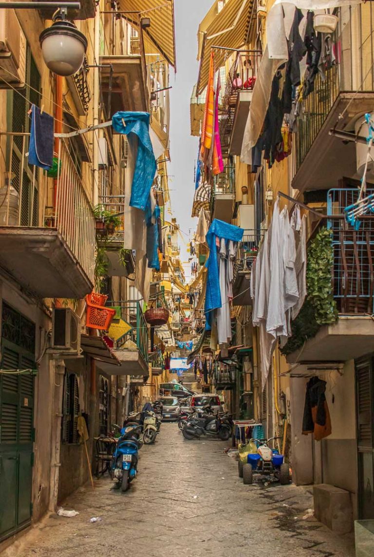 Naples, Italy - December 3rd 2020 - an intricate maze of narrow streets and alleys, the Spanish Neighborhoods (Quartieri Spagnoli) are the heart of Naples. Here in particular a glimpse