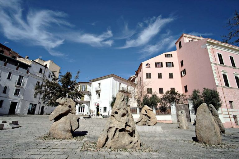 Nuoro / Italy - February 29 2020: view of the Sebastiano Satta square with the granite rocks placed by Costantino Nivola