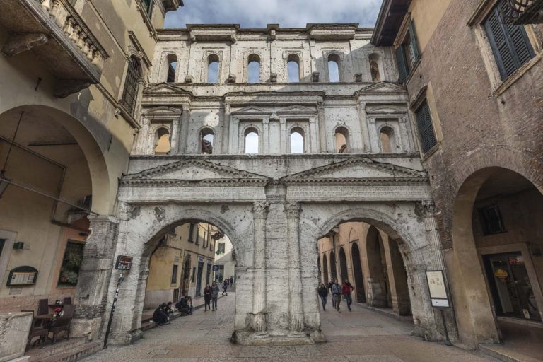 VERONA, ITALY - JANUARY 24, 2016: Roman Porta Borsari (Ancient Roman Gate) in Verona