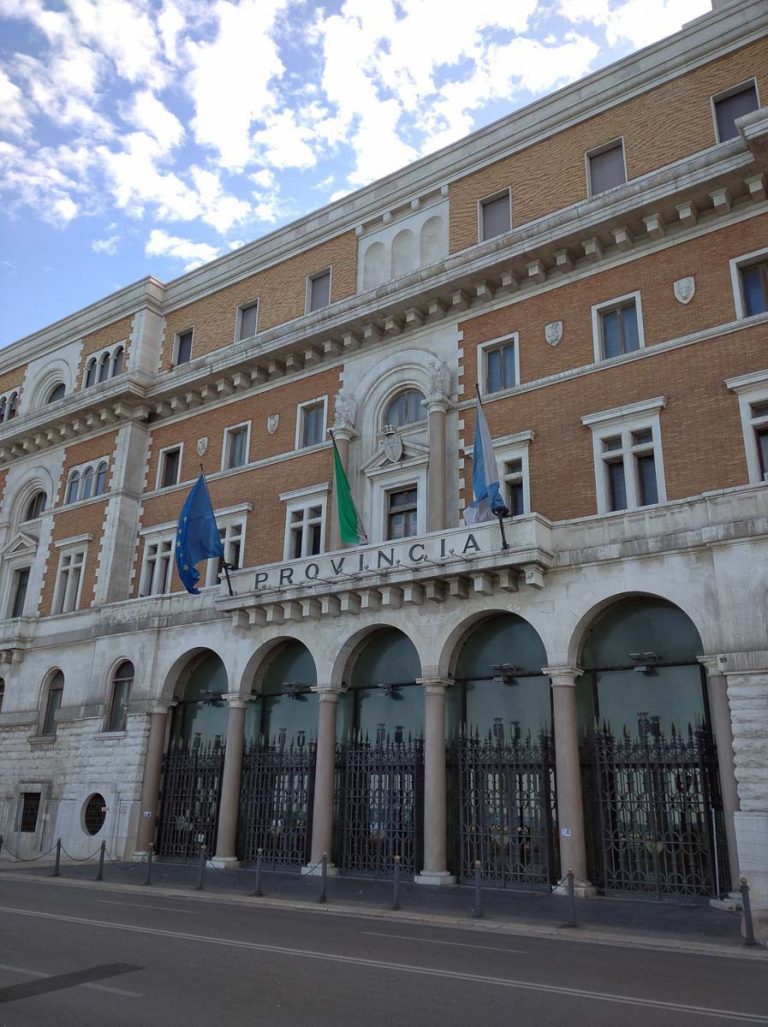 Bari, Puglia, Italy, February 13, 2020: Facade of the provincial palace that houses the Corrado Giaquinto Art Gallery on the Nazario Sauro promenade.