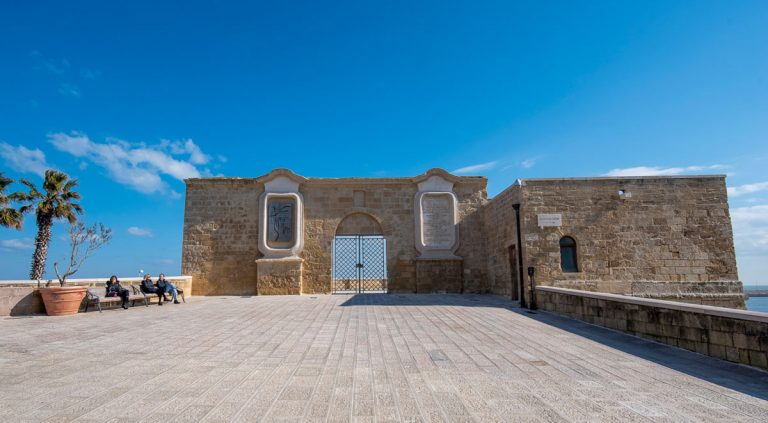 Bari, Puglia, Italy - 23 March, 2019: View of the entrance to Fort Saint Antonio (Fortino Abate di Sant'Antonio). Situated on the Imperatore Augusto seafront, opposite the old port