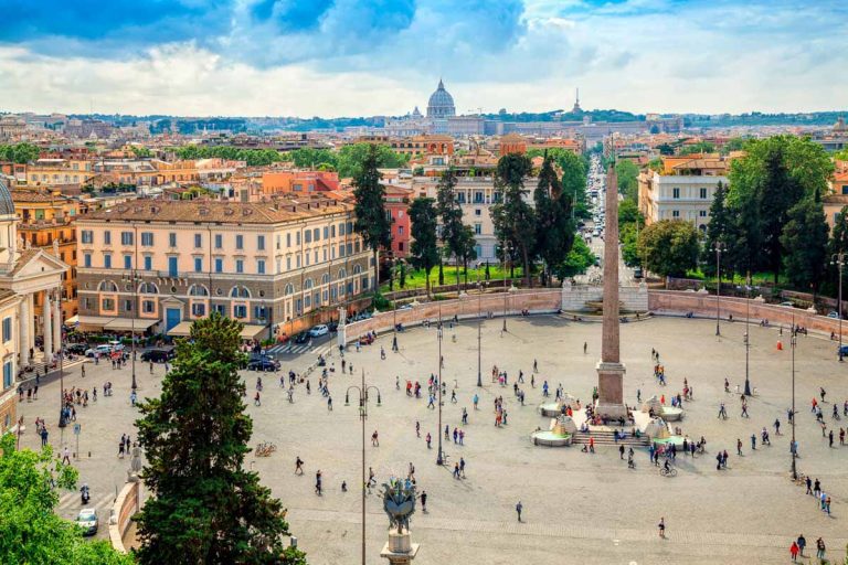 Panoramic view of Piazza del Popolo in Rome, Italy. Rome architecture and landmark.