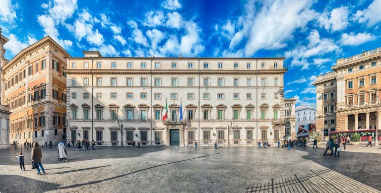 ROME - NOVEMBER 18: Panoramic view of Palazzo Chigi, iconic building in central Rome, Italy, November 18, 2018. It is the official residence of the Prime Minister of the Italian Republic