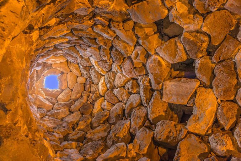 Barumini, Sardinia, Italy. View from inside one of the towers of the Su Nuraxi di Barumini complex. UNESCO World Heritage List