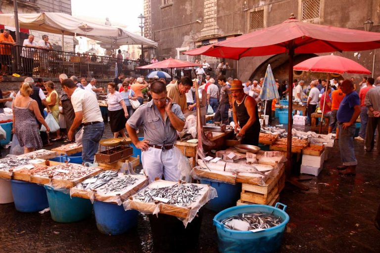 fresh fish at the Fish market in the old Town of Catania in the province of Sicily in Italy.   Italy, Sicily, October, 2014
