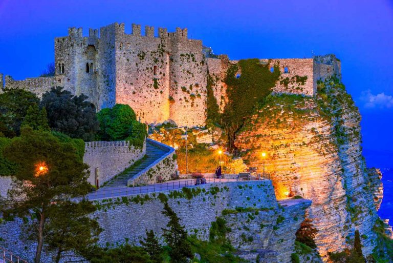Erice, Sicily, Italy: Night view of the Venere Castle, a Norman fortress, Europe