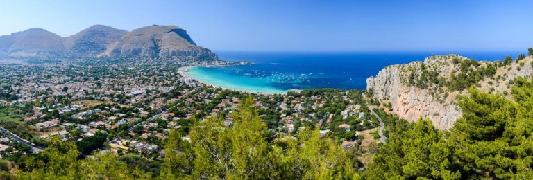 Aerial Panoramic HD View of the gulf of Mondello from Monte Pellegrino, Palermo, Sicily, Italy.