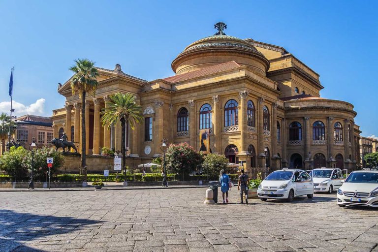PALERMO, SICILY, ITALY - SEPTEMBER 23, 2018: Neoclassical Teatro Massimo Vittorio Emanuele in Palermo is Italy's largest and one of larges Europe Opera house.