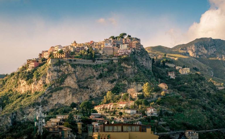 Castelmola: typical sicilian village perched on a mountain, close to Taormina. Messina province, Sicily, Italy.