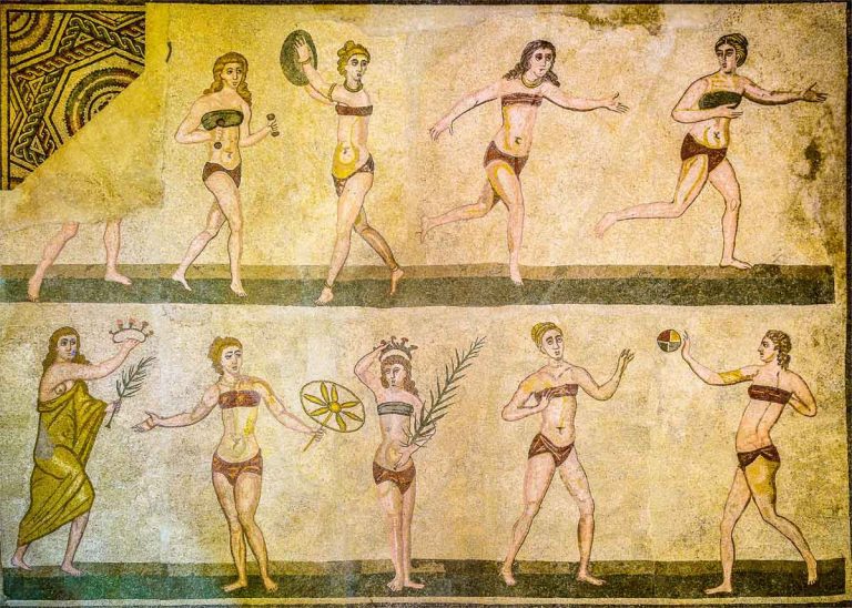 "Bikini girls": 8 engaged in sports, the 9th carries the palm and crown for the winner. Mosaic floor, Villa Romana del Casale ( ~300 AD) in Piazza Armerina Sicily, Italy. UNESCO World Heritage site