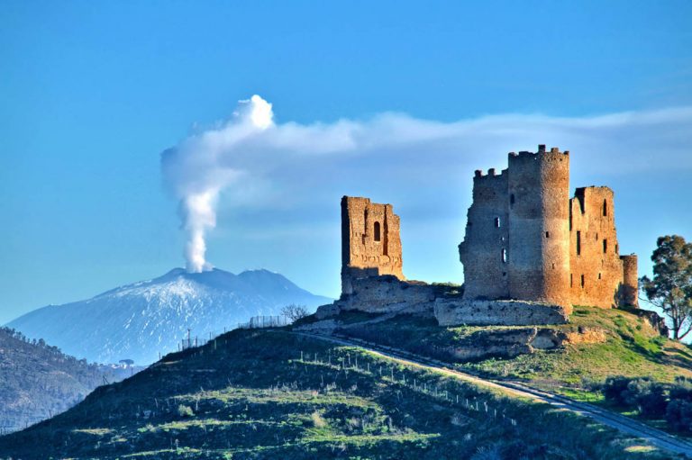 Picturesque View of Mazzarino Medieval Castle with the Mount Etna in the Background, Caltanissetta, Sicily, Italy, Europe