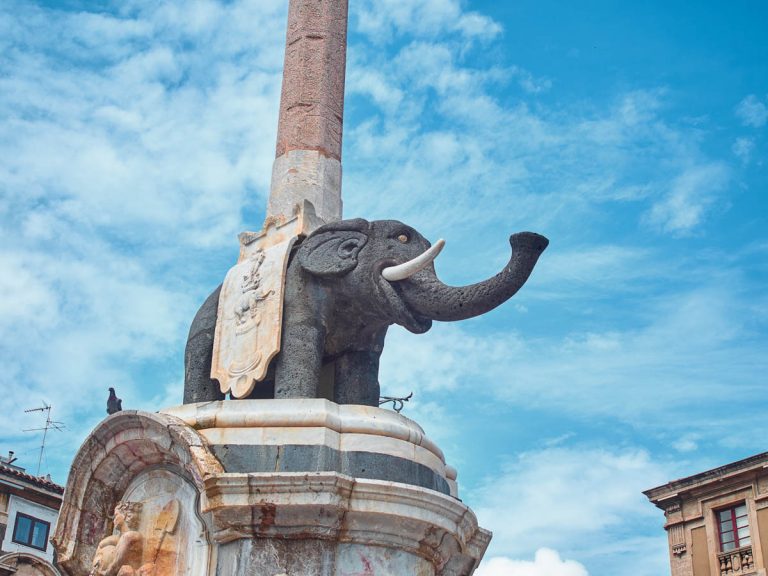 Shot of the statue of the "Liotru" (the elephant in the Sicilian slang) at the Dome square in Catania. The Liotru is the main symbol of the city