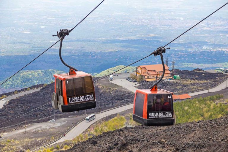 SICILY, ITALY - MAY 7, 2018: Cable car to Etna volcano from Rifugio Sapienza