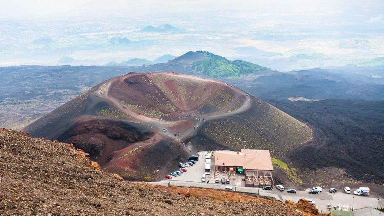 travel to Italy - above view on tourist camp Rifugio Giovannino Sapienza on Etna volcano in Sicily