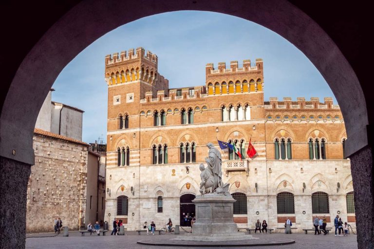 Grosseto, Tuscany, Italy, April, 2018: Aldobrandeschi Palace, also known as Province Palace, is one of the main buildings in the historic center, seat of the Province of Grosseto