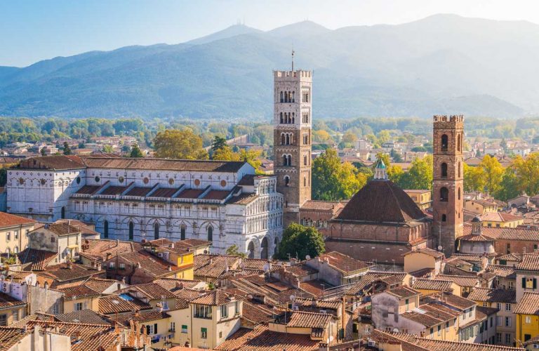 Panoramic sight in Lucca, with the Duomo of San Martino. Tuscany, Italy.