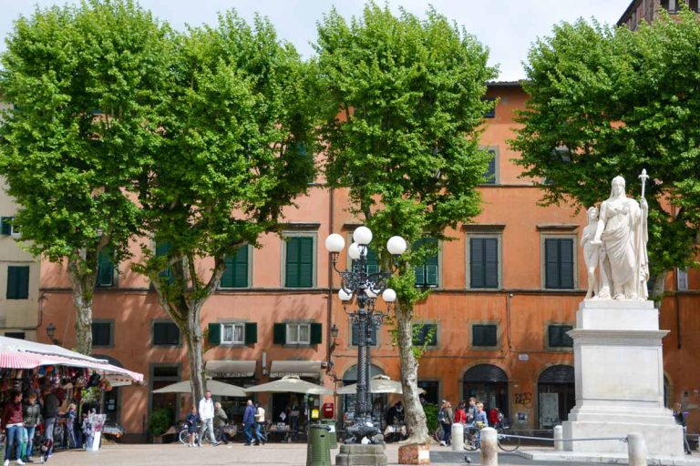 Lucca, Italy-May 2019; Panoramic view over town square Piazza Napoleone with terraces and large trees and monument of Maria Luisa of Bourbon