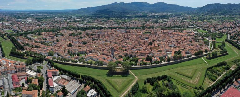 LUCCA, ITALY - 07.15.2019: Aerial view of the walled town of Lucca